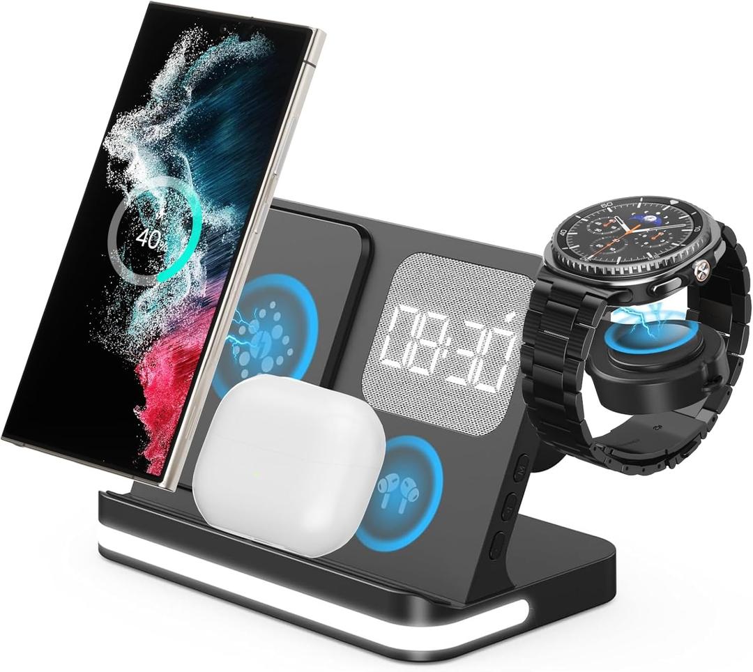 4 in 1 Wireless Charger with Alarm Clock Compatible for Galaxy Watch 8/7/Ultra/FE/6 Pro Galaxy S25/Ultra/S25+/S24/S23/Note 20/Z Flip 7/6/5 Fold 6 Galaxy Buds 3/2/Pro Multiple Devices Charging Station (black)