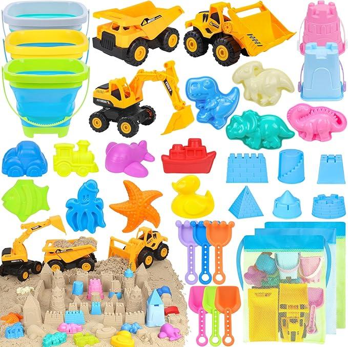 FHOZGECY Beach Toys, Sand Toys for Kids Boys and Girls with 3 Construction Vehicles, 3 Collapsible Bucket, Sand Castle Building Kit, Sand Molds, Mesh Bag, Outdoor Toys for Kids Ages 4-8