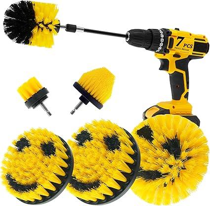 ETOUPA 7 Pcs Drill Brush Attachment Set, Power Cleaning Scrub Brush Kit with Extend Long Attachment, All Purpose Drill Scrub Brushes for Car, Grout, Floor, Tub, Bathroom and Kitchen (Yellow)