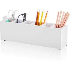 Jetec Wooden Pencil Pen Holder for Desk 6 Compartments Wood Office Desk Organizers for Countertop Adjustable Makeup Brush Organizer Silverware Caddy for Party, Home, Art Supplies(White)
