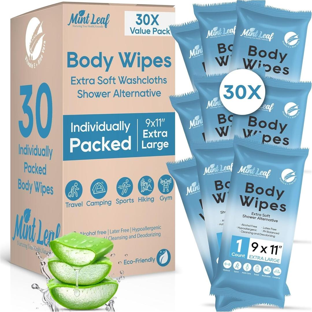XL Deodorizing Body Wipes | Men's Extra Soft Washcloths Shower Alternative | Great for Workout Travel Gym Camping | 30 Individually Wrapped Shower Wipes | with Vitamin E Aloe Scent Pack of 2
