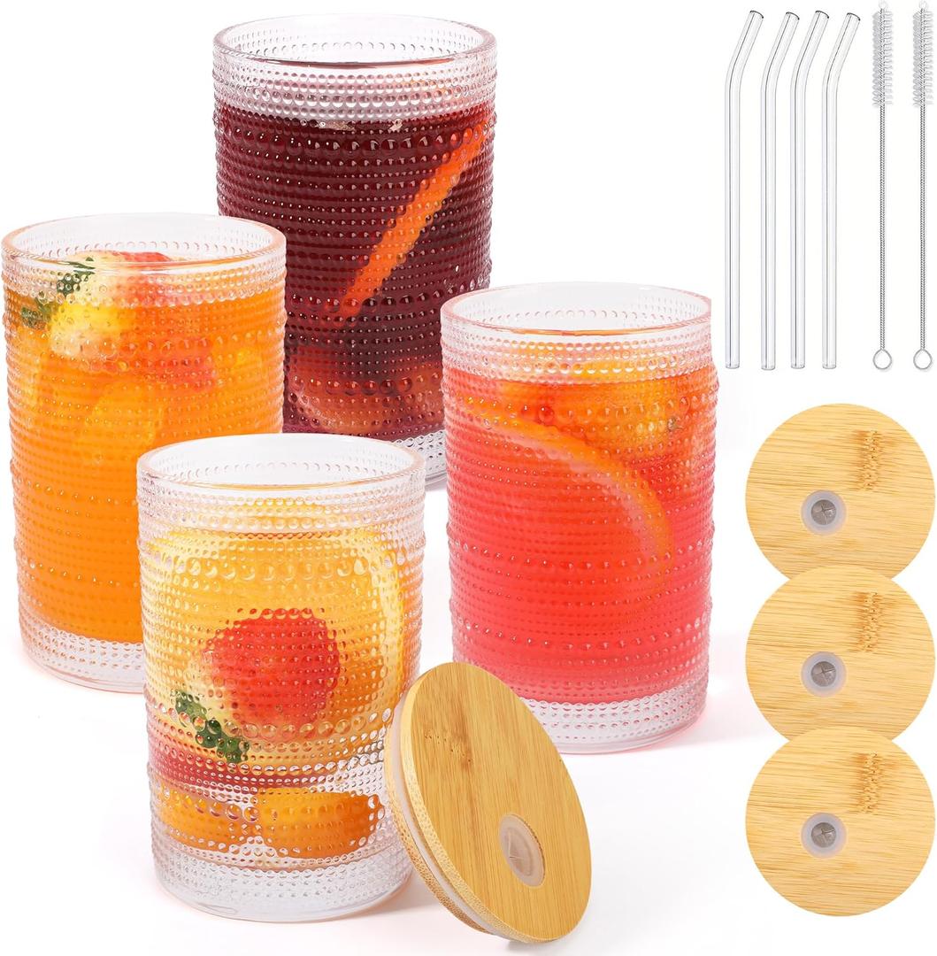 4 Pcs Hobnail Glass Cups with Lids and Straws, 16oz Embossed Drinking Glasses, Vintage Glassware for Iced Coffee, Soda, Gift for Women Men