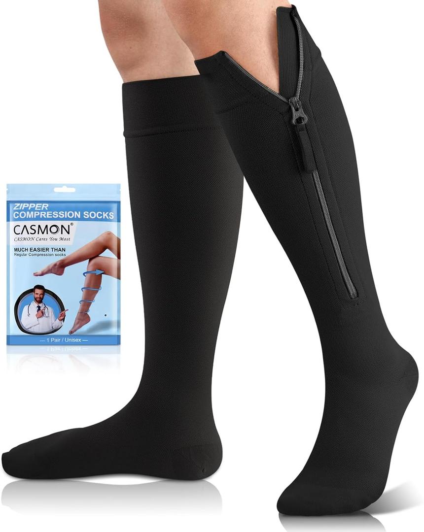 CASMON 15-20mmHg Zipper Compression Socks for Women and Men, Knee High Compression Stockings, Medical Closed Toe Support Socks for Varicose Veins, Post-surgery, Swelling, Nurses, Pregnancy (1 Pair), M
