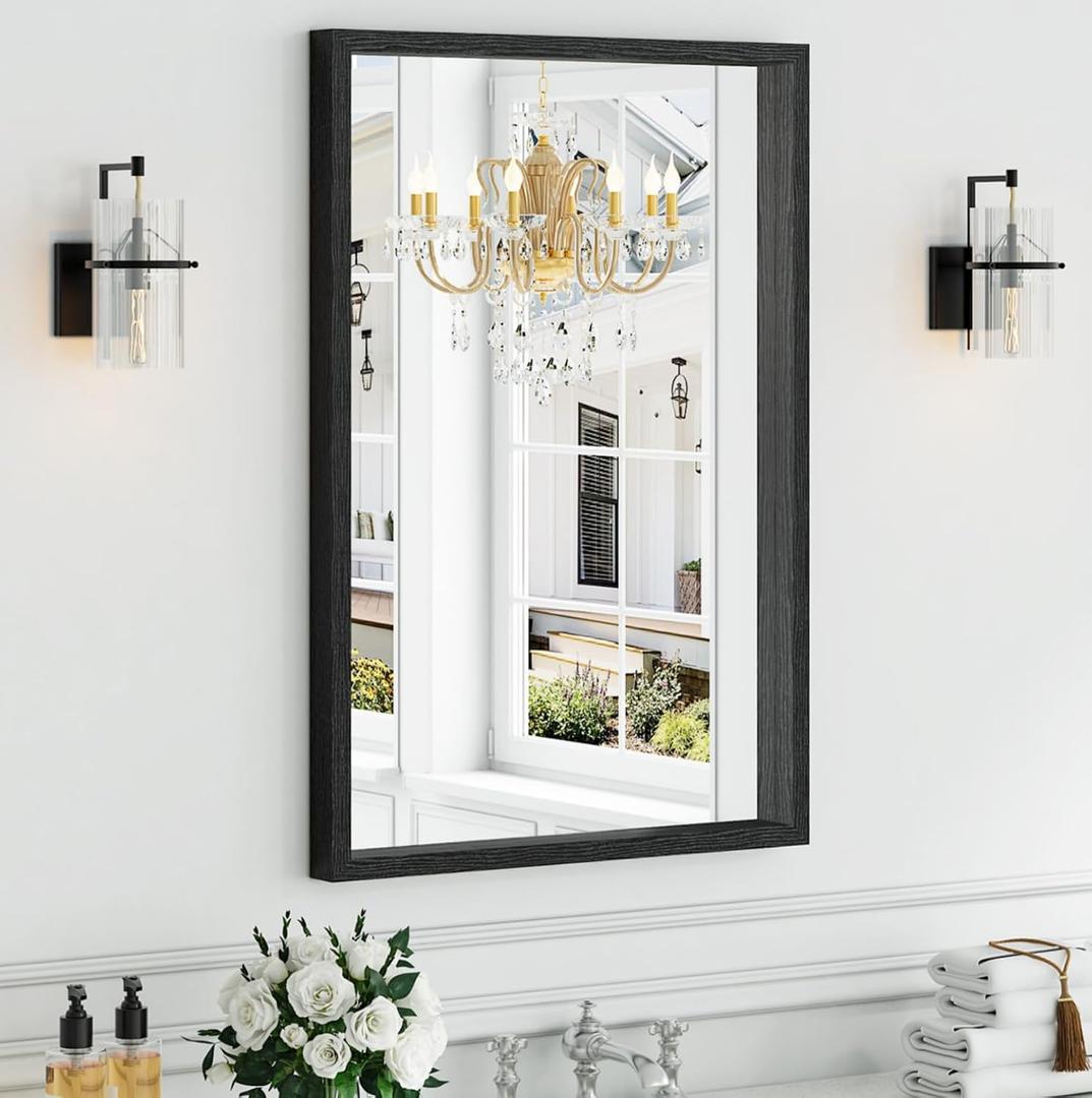 Syndra Black Wood Frame Bathroom Mirror, 24''x36'' Modern Vanity Mirror for Wall, Waterproof Slim Deep Frame, Rectangular HD Tempered Glass Mirror for Living Room, Bedroom, Entryway, Rustic, Farmhouse