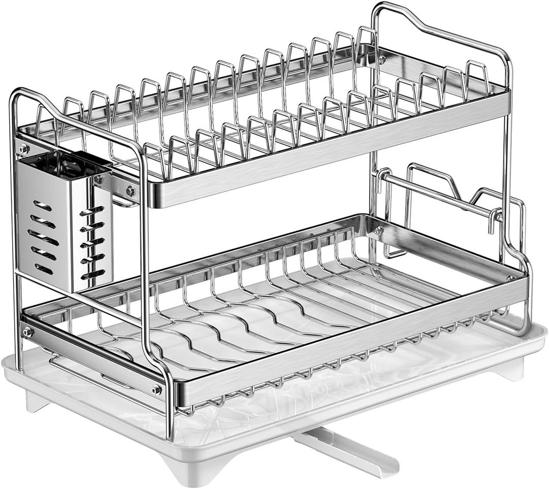 Dish Drying Rack, Double Layered countertop Kitchen Organizer with Drainage Large Bowl Rack and Storage Rack with Drainage Board, Suitable for Kitchen Bars (Silver) (Small)