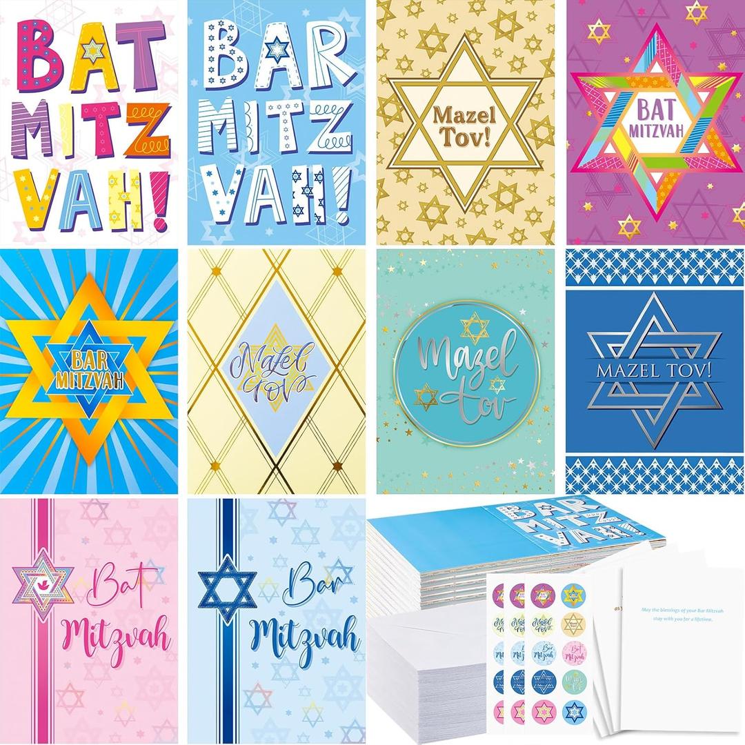 30 Pack Bat Mitzvah and Bar Mitzvah Cards with Envelopes Assortment Mazel Tov Cards for Jewish Congratulations gift(Cute)
