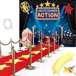 Frienda 6 x 5 ft Movie Theme Photography Backdrop Red Carpet Party Decorations Red Runner 2.6 x 15 ft with Carpet Tape and 24 Pieces 8 Inch Star Paper Cutouts for Party Decoration Supply