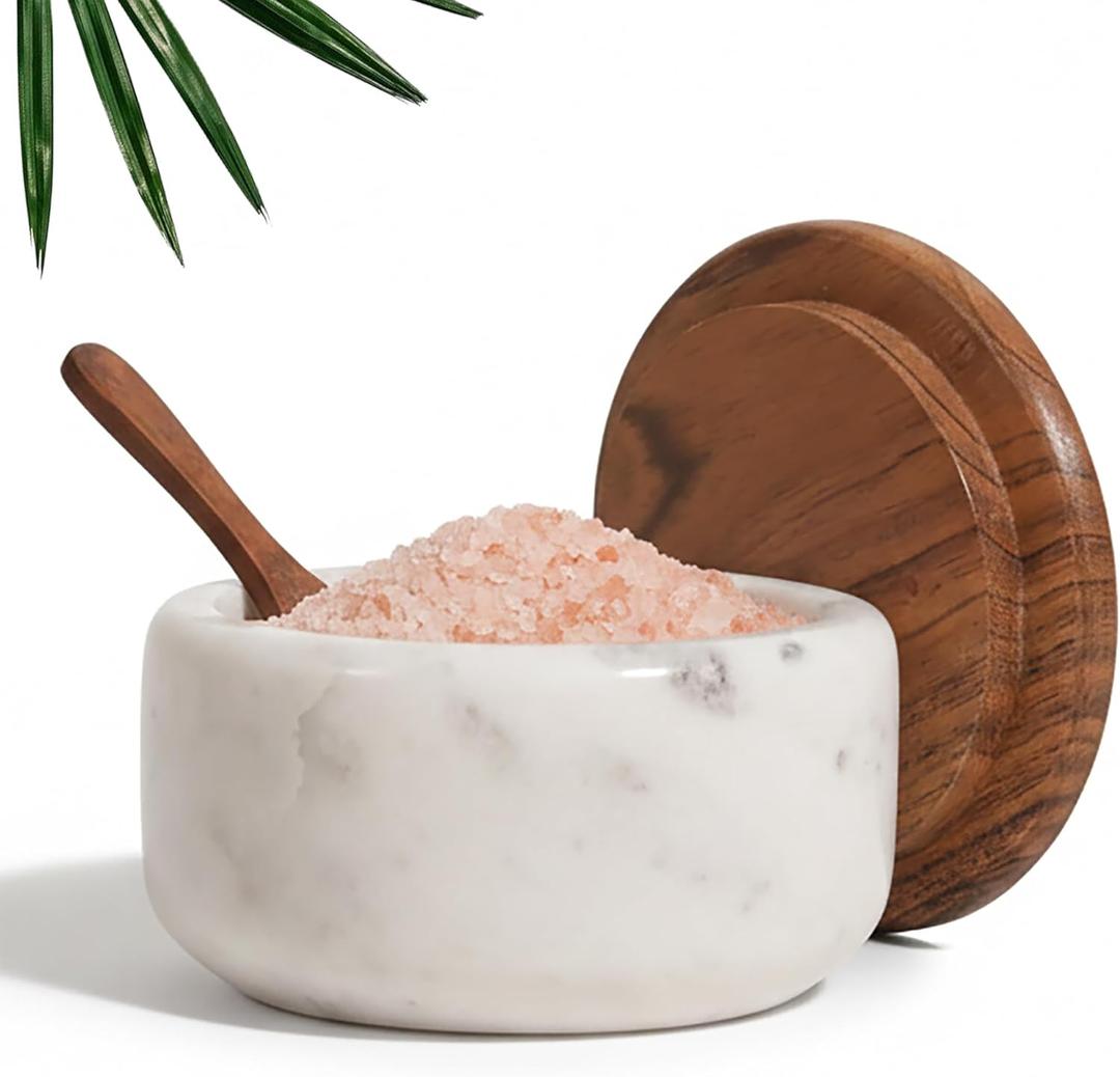 Salt Cellar with Acacia Wood Lid and Spoon | White Marble Salt Container for Kitchen | Spice Holder for Countertop | Keeps Spices Dry | Wide 4 Salt Pig with Non-Skid Feet