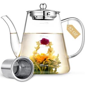 Zpose 1500ml Glass Teapot, Large Tea Pot with Infuser for Loose Tea and Blooming Tea, Stovetop Safe Tea Kettle, Hand Crafted Borosilicate Glass Tea Maker with Scale Line, Tea Gift Set for Tea Lovers