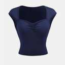 RoseSeek Girl's Ruched Cap Sleeve Tops Sweetheart Neck Slim Fit Cropped T Shirts Cute Summer Clothes, 10 Years, Blue