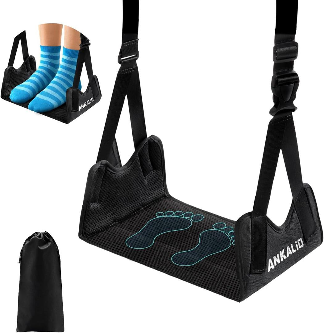 1 Pack No-Collapse Airplane Foot HammockAdjustable Foot Hammock for Plane Travel with Thick Bamboo Base, Lightweight Travel Footrest for Office, Flights(Black)