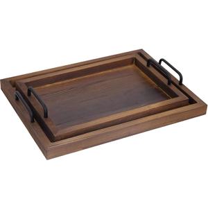 Wooden Serving Trays with Handles 2 Piece Rustic Breakfast Trays Set Farmhouse Decorative Nested Vintage Display Wood Bed Serving Tray for Eating Bed Party Kitchen Ottoman Table Home Decor (Brown)