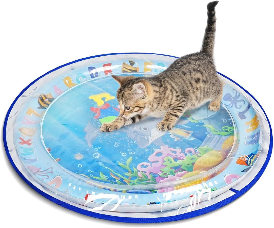 Cat Water Sensory Play Mat with Extra Protective Cover, Thickened Cat Water Mat Bed for Cats Dogs Kittens Puppies (Round Blue)
