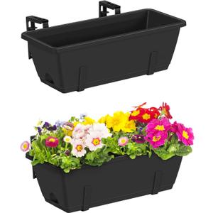 CADUKE Railing Planter Boxes 2 Pack 17 Inch Window Boxes Black Rectangle Railing Flower Box with Adjustable Bracket Window Deck Hanging Planters Boxes for Outdoor Patio