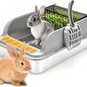 Stainless Steel Rabbit Litter Box w Hay Feeder and Litter Scoop, 19.7 x 13.8 x 7.9 Inch Large Litterboxes w Raised Grid, High Sided Kiter Box for Bunny, Guinea Pig, Ferret, Small Snimal, Hamster