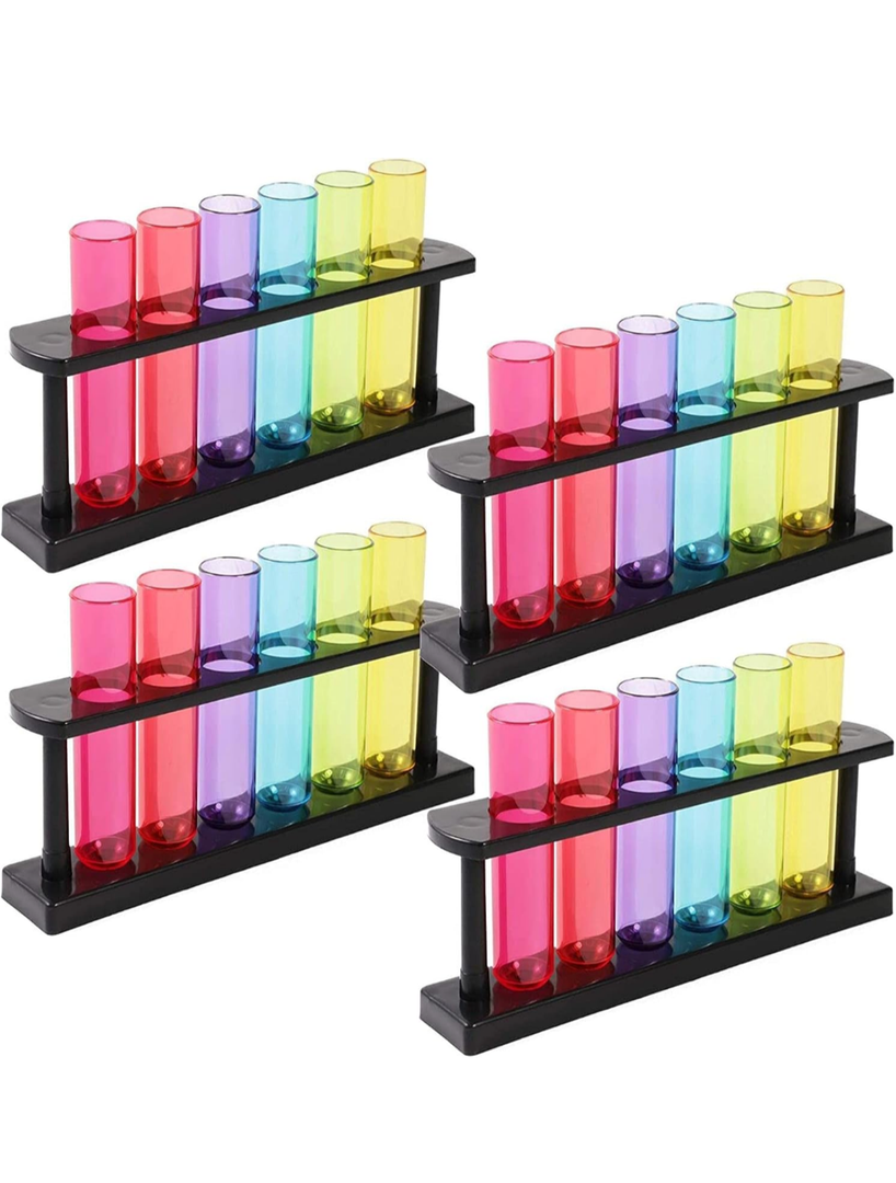 Juvale 6 Pack Plastic Test Tubes with Rack for Parties, Plant Propagation, Shot Glasses Holder for Science Themed Birthday Party, Pouring and Storing Liquids, 6 Colors (1.5 Ounces)