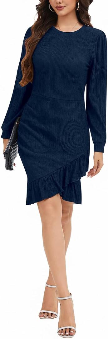 Women's Crewneck Casual Long Sleeve Sweater Dress Ruched Wrap Work Wedding Split Mini Dresses (Blue, S)
