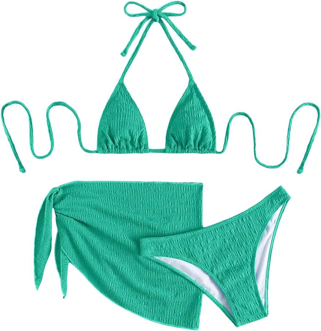 SHENHE Women's 3 Piece Textured High Cut Halter Triangle Bikini Swimsuit with Cover Up Green S