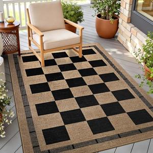 Vasofe 3x5 Plaid Rug, Jute Rugs, Washable Outdoor Indoor Checkered Carpets, Entryway Bedroom Potio Porch Kitchen Carpet, Non Slip Farmhouse Neutral Office Laundry Floor Mat, Black and Brown