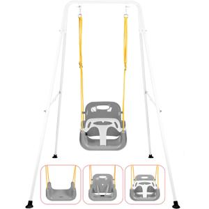 3-in-1 Toddler Swing Set, Foldable Baby Swing with Stand, Indoor & Outdoor Kids Swings Sets, Multifunctional Swings for Home Backyard, Easy to Install and Store (White)