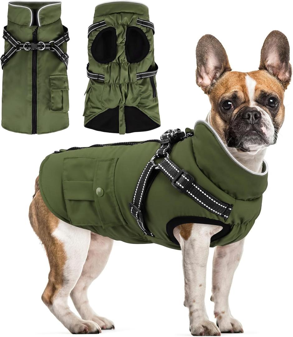 Dog Winter Coat with Harness Built-in | Waterproof Dog Jacket with Zipper & Fleece Lining | Reflective Cold Weather Coat for Small Medium Large Dogs (Army Green)