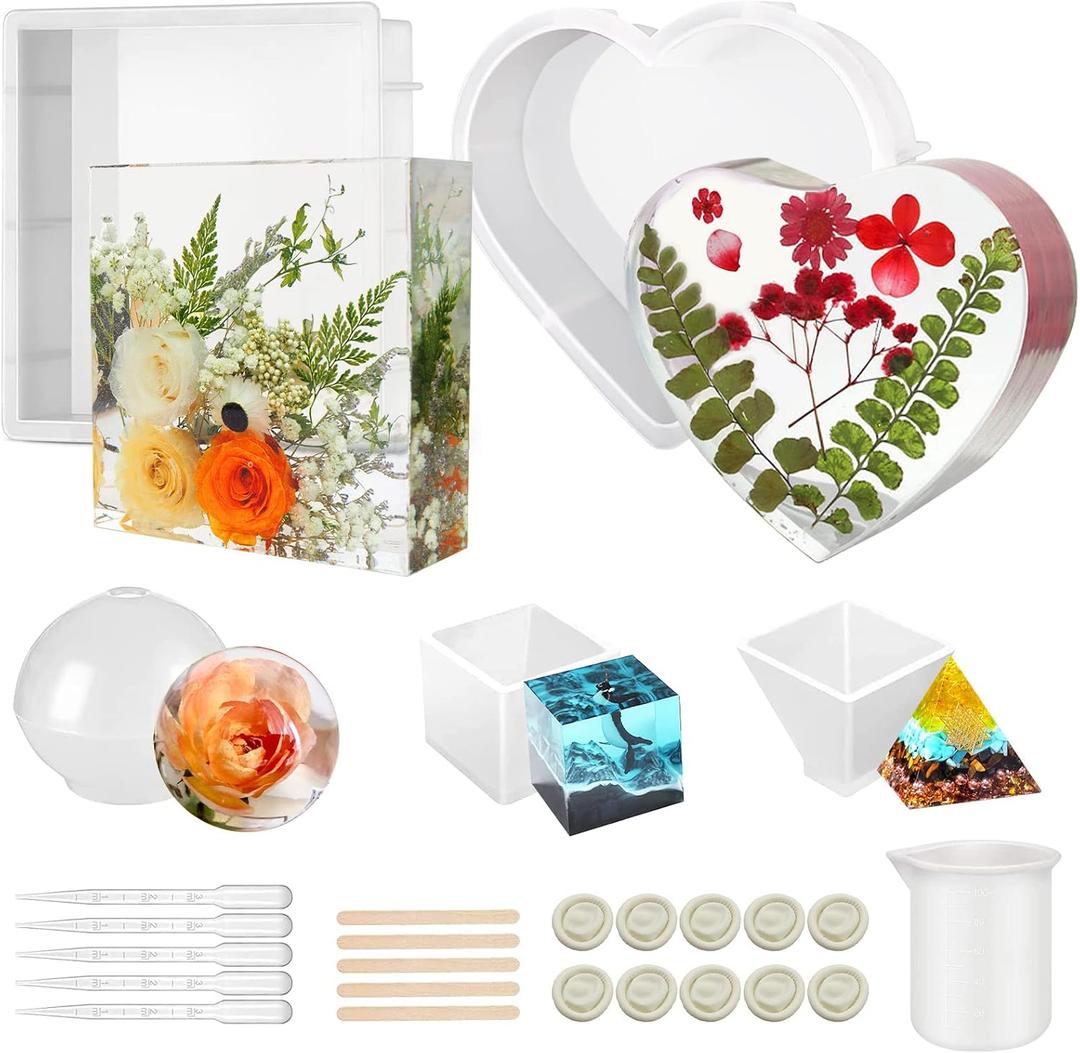 5 PCS Resin Molds Silicone Kit Large Epoxy Resin Mold for Flowers Preservation Home Deco DIY Art, Silicone Molds Including Square, Heart, Sphere, Pyramid, Cube and Tools