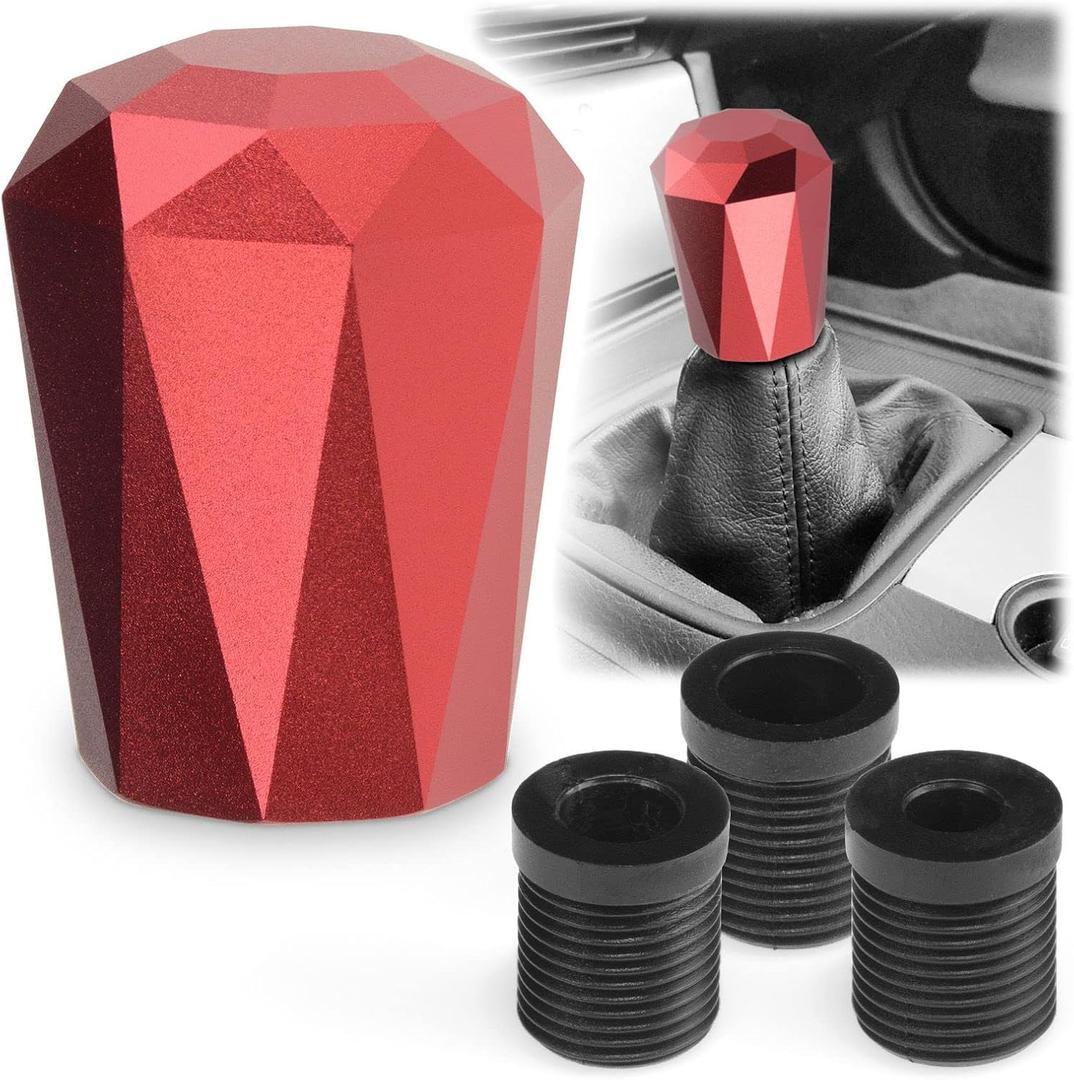 EZAUTO WRAP Universal Red Diamond Shifter Chrome Aluminum Automatic Shift Knob Stick Manal Gear Lever Handle with 3 Threaded Adapters (6cm)