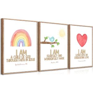 FTQYQLD Bible Verse Wall Art for Nursery - Set of 3 Watercolor Christian Posters - I Am A Child of God Scripture Prints - Religious Baby Room Decor for Boys Girls Bedroom Playroom - 12x16in