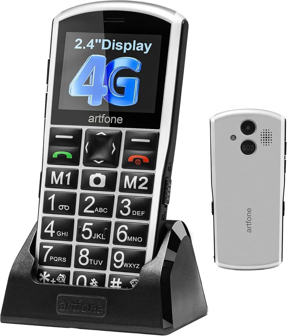 artfone A400 Big Button Cell Phone for Seniors, 4G LTE Unlocked Phones, SOS Button, 2MP Camera, Charging Dock, 3 Slots, Speed Dial, Volume Boost, Large Fonts, Voice Time, Dumb Phone, 1800mAh, Silver