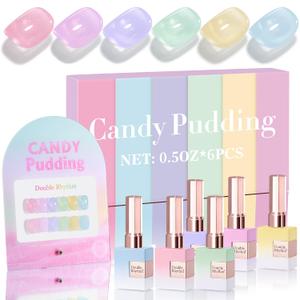 Double Rhythm 6 Pcs 15 ML Gel Polish Set Same Color Same Bottle Soak Off Gel Polish Kit Nail Art Manicure Salon DIY at Home for Women (Jelly Pink Purple Green Yellow Blue-T6-22) (Candy Pudding)