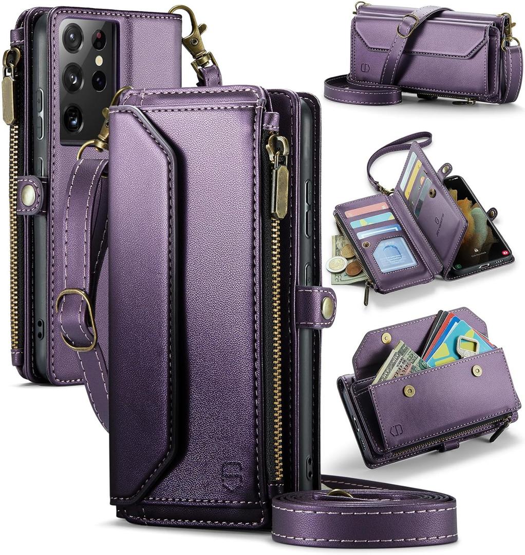 Strapurs Crossbody Wallet Case Compatible with Samsung Galaxy S21 Ultra 5G RFID Blocking 10-Card Holder Soft PU Leather Magnetic Snap Strap Zipper Pocket Phone Case Fit for Galaxy S21 Ultra - Purple