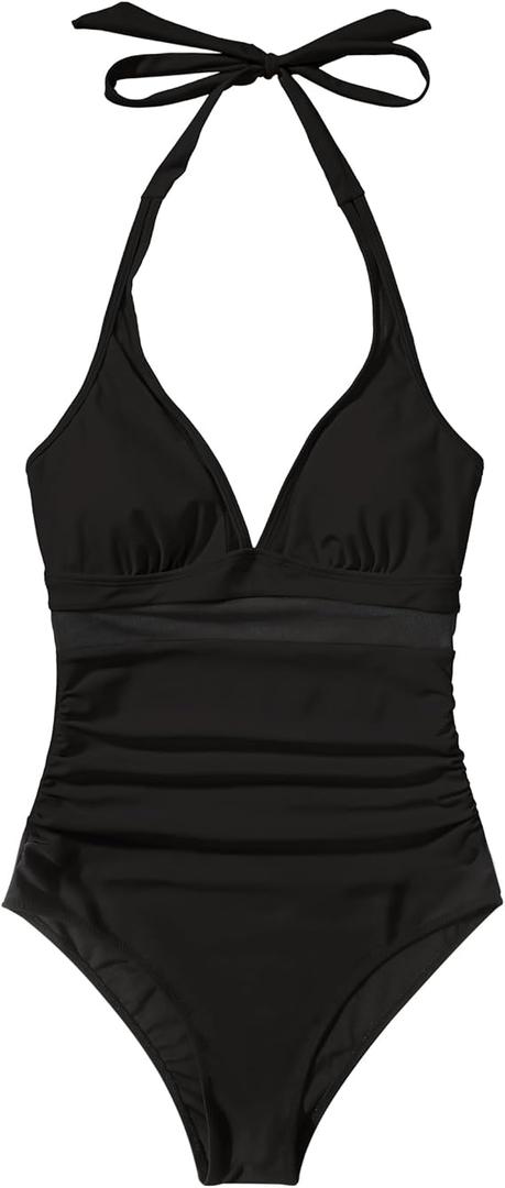 RXRXCOCO Womens One Piece Swimsuits Tummy Control Bathing Suit Drawstring Halter Mesh Swimdress (Large, 023# Black)