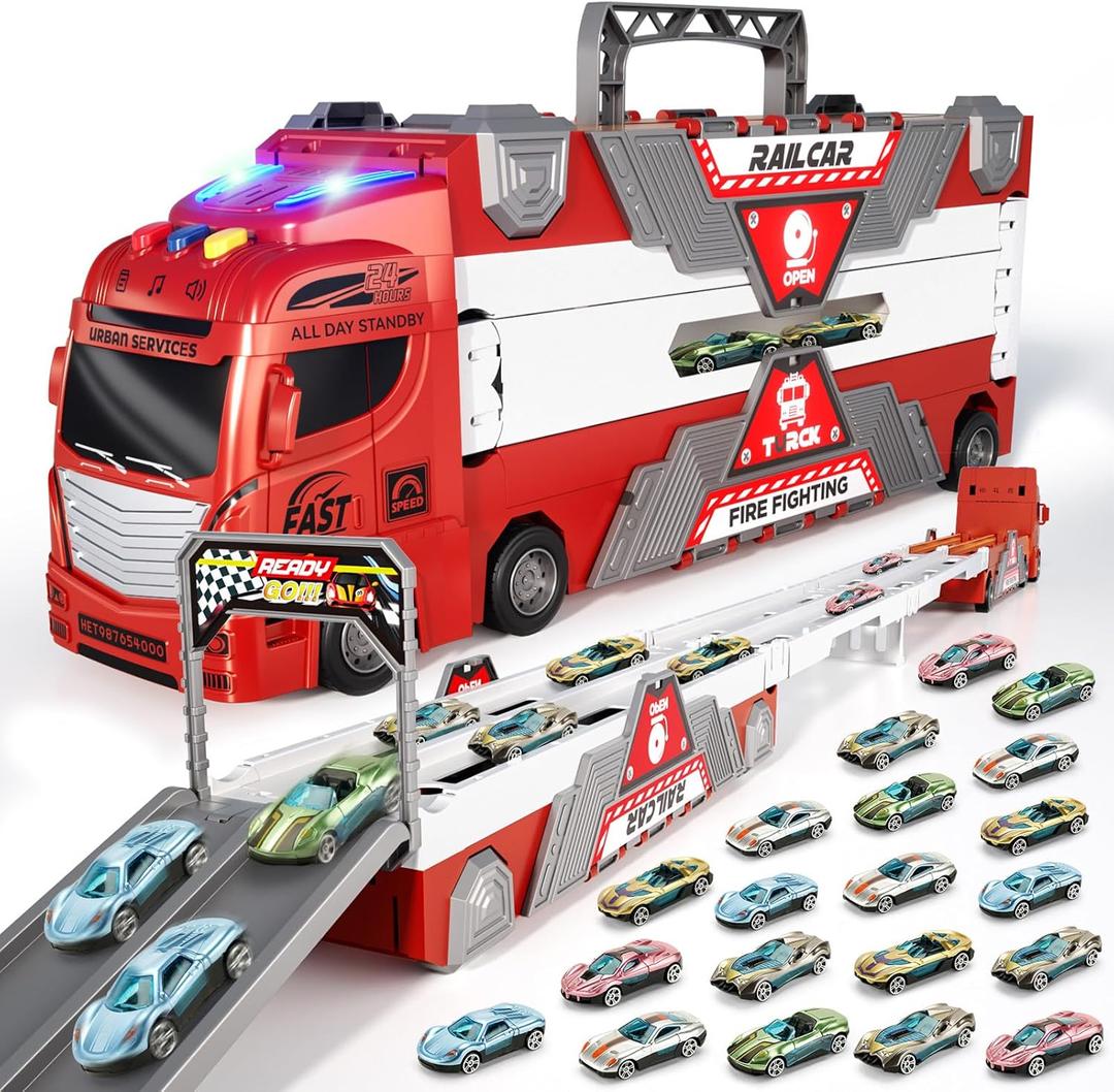 65-Inch Race Car Tracks and 20 Car Toys for Toddlers Boys Kids 1-3 4-7, Toy Trucks for Toddler 2 3 4 5 6 7 8 Years Old with Lights Sounds, Carrier Truck Toys Gift for Boys Girls Kids