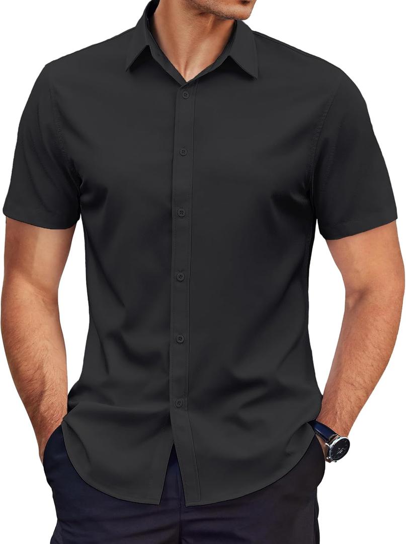 COOFANDY Men's Dress Shirts Short Sleeve Wrinkle Free Business Textured Shirt Casual Button Down Shirts (Black)