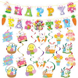 3 x 52 Pcs Easter Banner, Happy Easter Garland with Hanging Swirls, Cute Egg Bunny Sign Decorations for Office Home, Easter Party Supplies