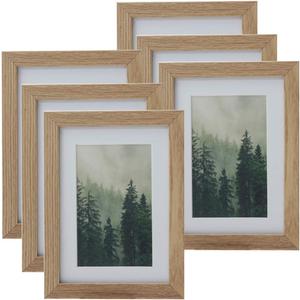5 x 7 inch or 3.5 x 5.5 with Mat Picture Frames Tabletop Shelf Display or Wall Mount Vertically or Horizontally, Real Glass Acid Free Mat, Natural Oak Wood Grain Molding, Set of 6 Pack