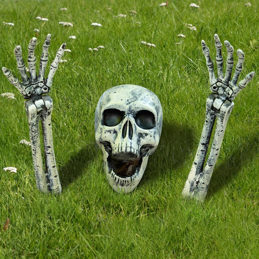 JOYIN 3 Pcs Halloween Skeleton Decorations Outdoor, Realistic Looking Skeleton Yard Stakes, Groundbreaker Skull Decor for Graveyard Yard Lawn Garden Party Supplies