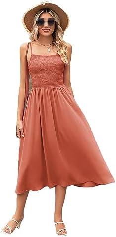 Summer Sleeveless Midi Dresses Women Square Neck Pleated Sundress Boho Beach Suspender Dress, Medium