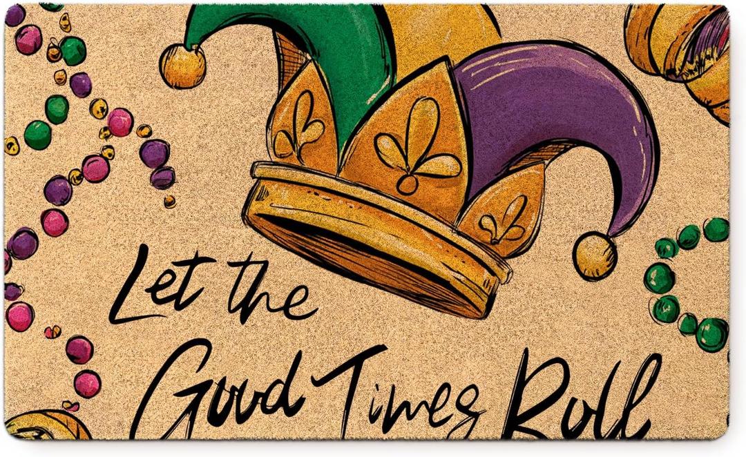 Mardi Gras Rug, Let The Good Times Roll Doormat, Washable Non-Slip Coir Door Mat for Home Kitchen Bathroom Indoor Front Door,Spring Home Party Decor, 17x30 Inch