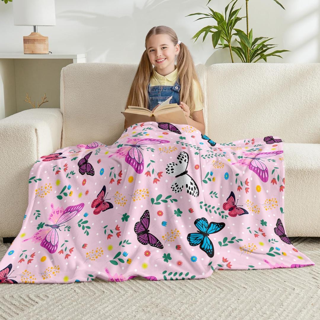 Butterfly Throw Blanket for Girls Teens Women Pink Soft Fuzzy Flannel Bed Blanket for Couch Sofa Bedroom Plush Colorful Flowers Blankets 50”x60”
