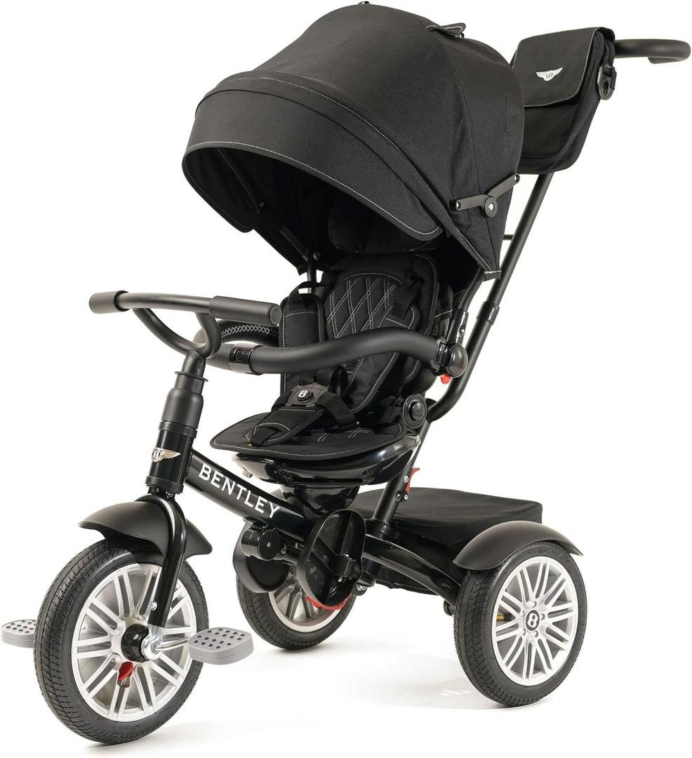 Bentley 6-in-1 Baby Stroller & Toddler Tricycle Officially Licensed Luxury Kids Bike, Convertible Travel Strollers & Kid Trike with Air Wheels, Canopy & Safety Features (6m-5y+ | Onyx Black )