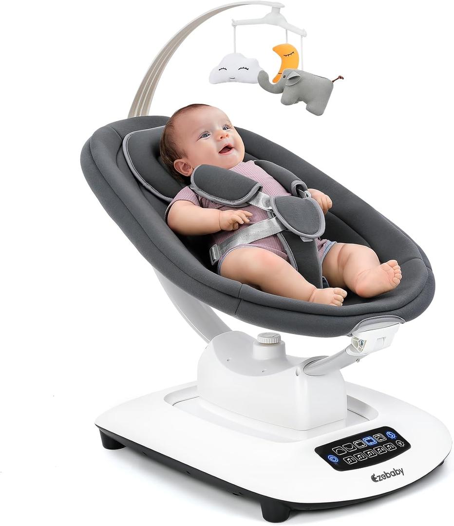 Ezebaby Baby Swing for Infants and Newborns with 5 Unique Motions, Adjustable Speed and Positions, Lullabies, Infant Swing with 5-Point Harness, Baby Swing for Newborn Babies 0-9 Months Grey