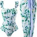 Womens One Piece Swimsuit with Cover Up Sarong Wrap Floral Bathing Suits 1 Piece Swim Suit with Beach Cover Up Set, X-Large