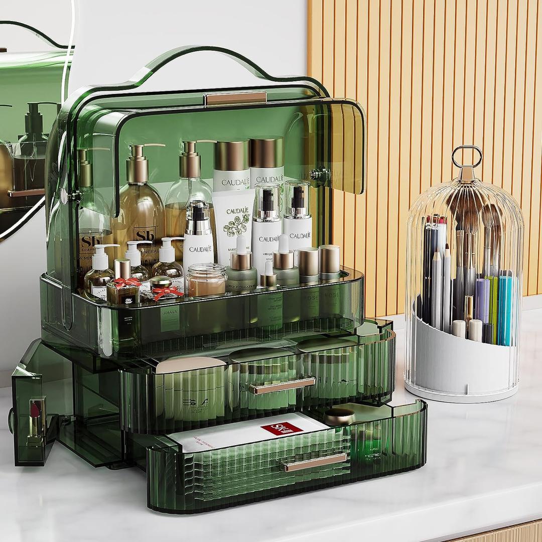 Makeup Organizers Skincare organizers with 2-Layer Storage Box and Transparent Cover Waterproof Dustproof Cosmetics Display Cases with Brush Holder for Countertop Vanity Bathroom Dresser Gift(Green)