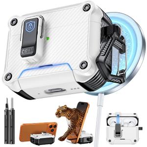 Inesore for AirPods Pro 3 Case with Secure Lock (White) | Phone Stand Design,Compatible with MagSafe,Automatic Snap Switch Secure Cover Carbon Fiber Texture with Cleaner Kit