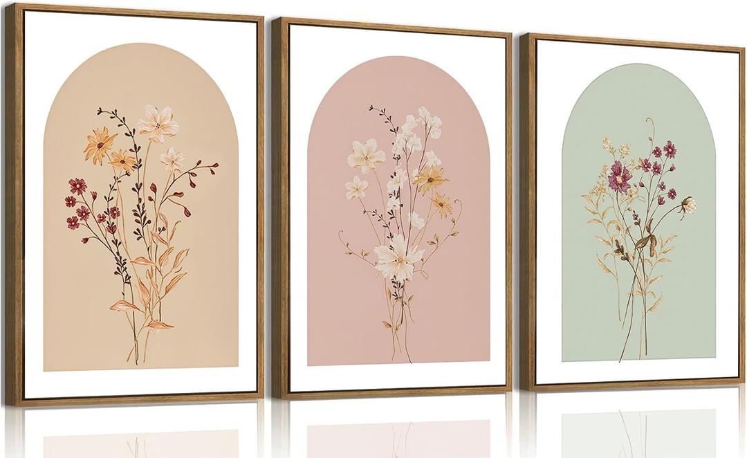 KISSFOX 3 Piece Framed Wall Art Botanical Wall Decor Floral Pictures Wildflower Canvas Art Pink Green Yellow Paintings Minimalist Boho Artwork For Girly Room Bedroom Apartment Living Room, 16x24 In Natural Framed