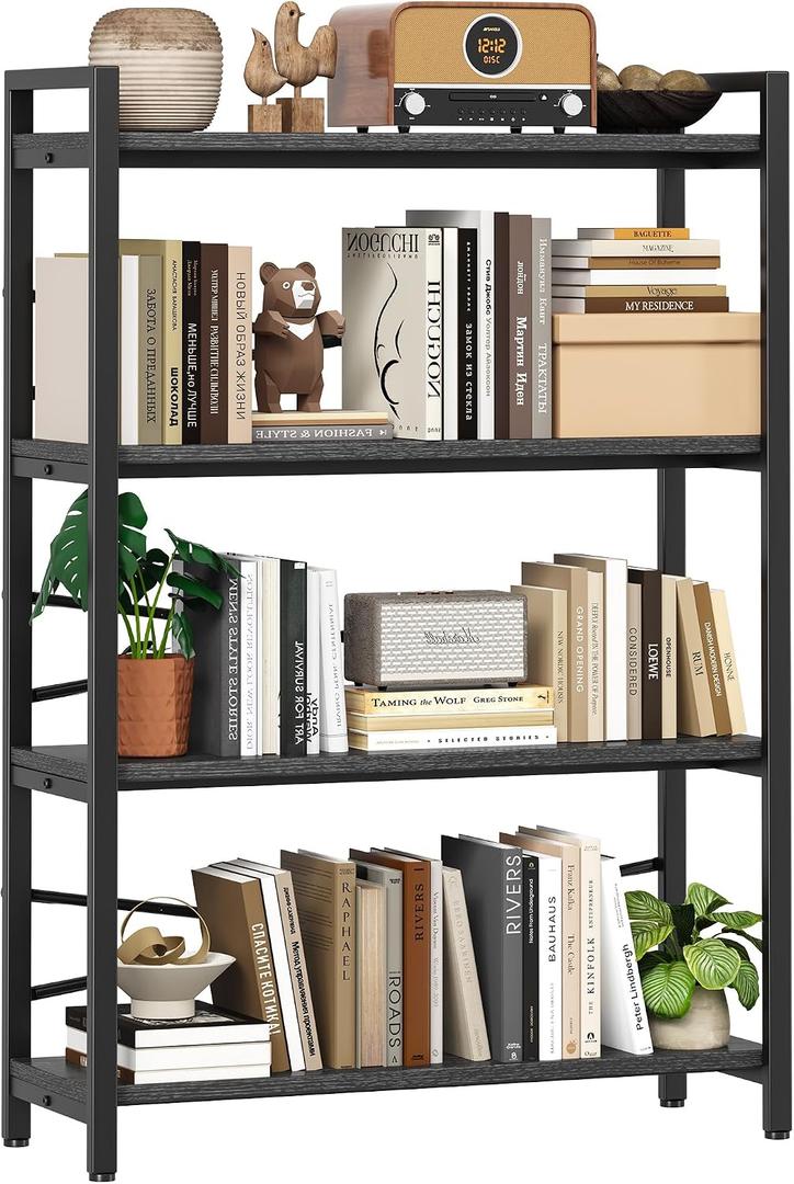 4 Tier Bookshelf 31.49" Width, Tall Book Shelf Storage and Organization, Wooden and Metal Industrial Bookcase, Large Book Shelves for Home Living Room Bedroom Office Storage(Black), 4 Tier - 31.5" W
