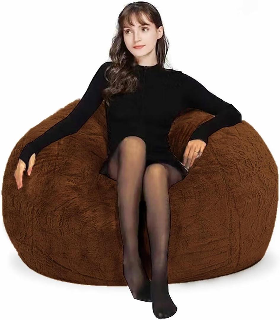 HDMLDP Bean Bag Chair for Adults Kids Without Filling Comfy Fluffy Oversized Round Beanbag Chair Lazy Sofa Cover for Reading Chair Floor Chair, 3.5FT, Brown