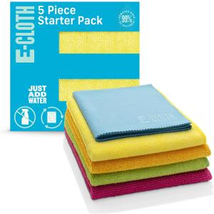 E-Cloth 5-pc Starter Pack- Microfiber Cleaning Cloth Set with Reusable Cleaning Cloth and Glass Polishing Cloth, Assorted Color Microfiber Cleaner for Bathroom, Kitchen, and Car - 1 Pack