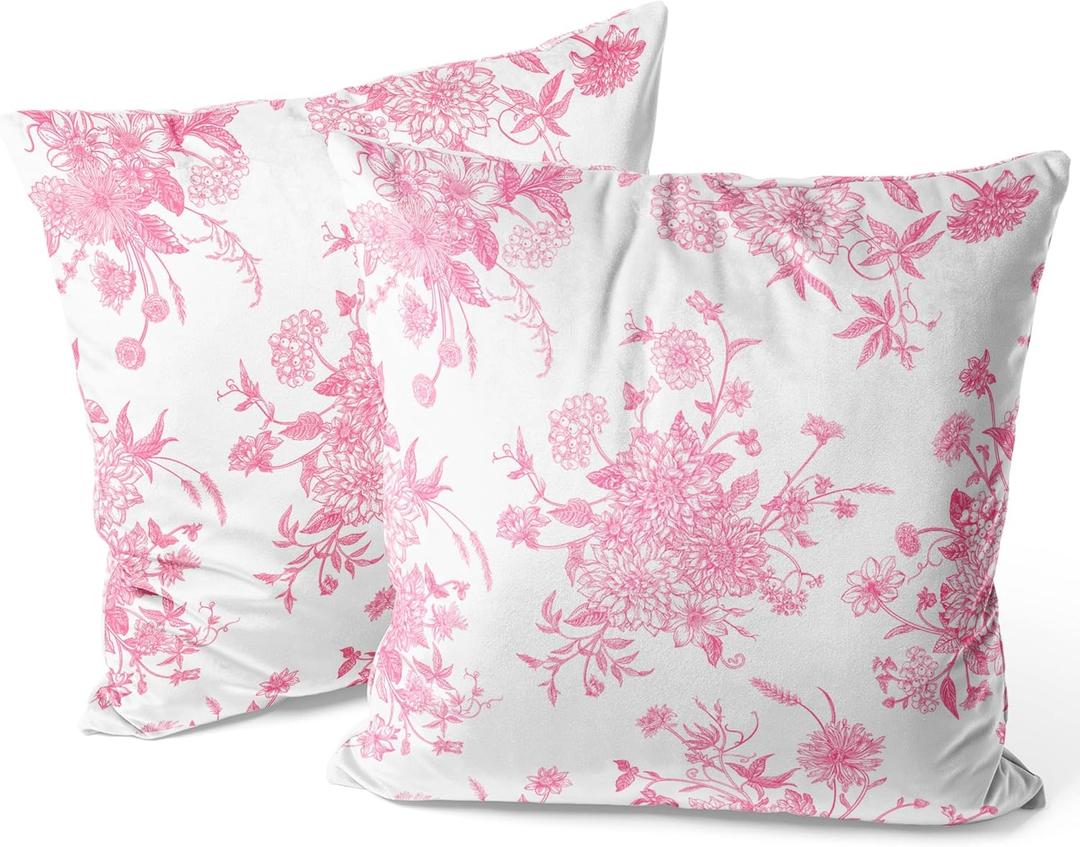 Yobvec Pink and White Floral Pillow Covers Home Bedroom Decor, Chinoiserie Throw Pillowcase Cushion Cover for Bed Sofa Couch, 2 Sets, 18x18 Inch